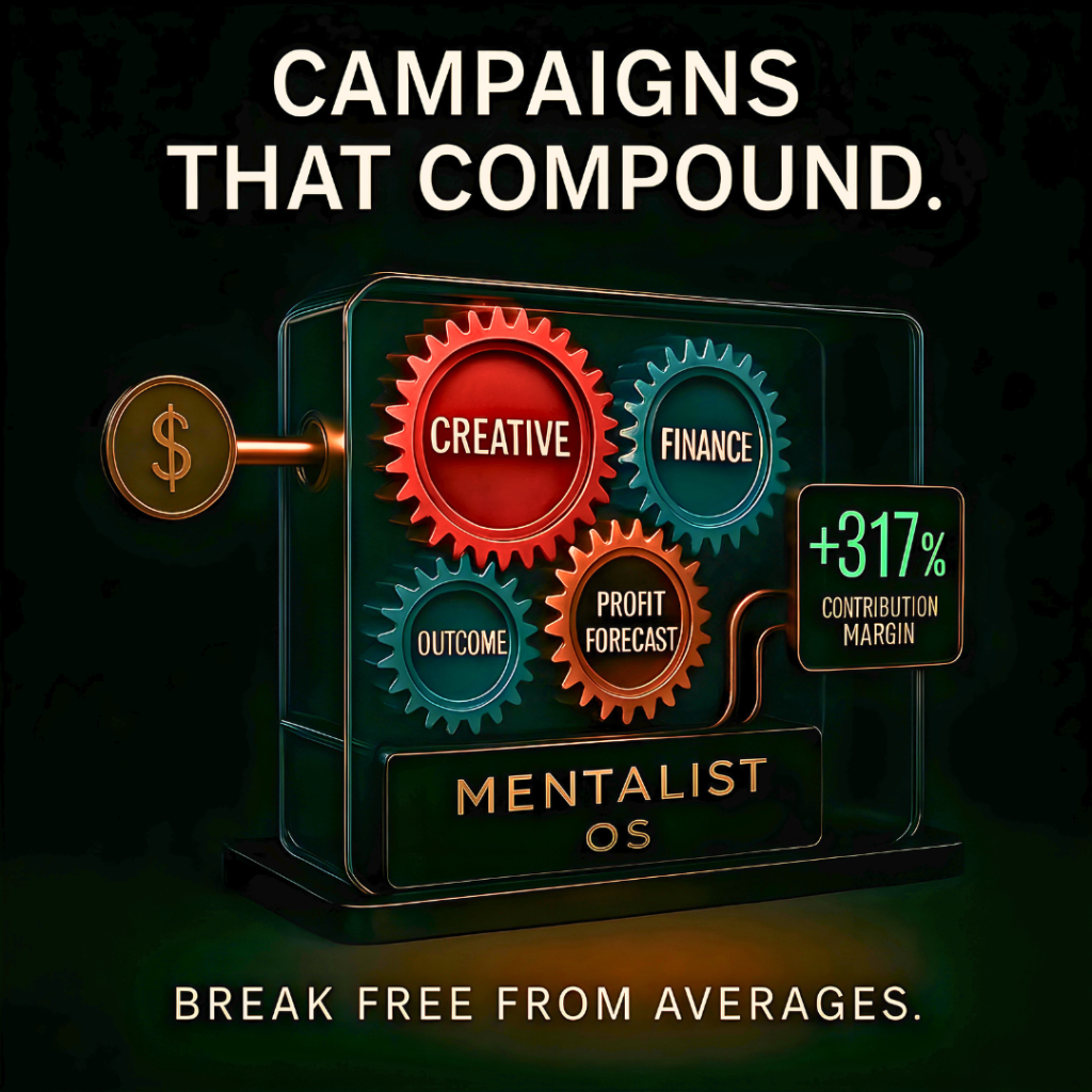A 3D-rendered machine illustrating how ad spend flows through creative, finance, and forecasting to generate contribution margin labeled "Mentalist OS."